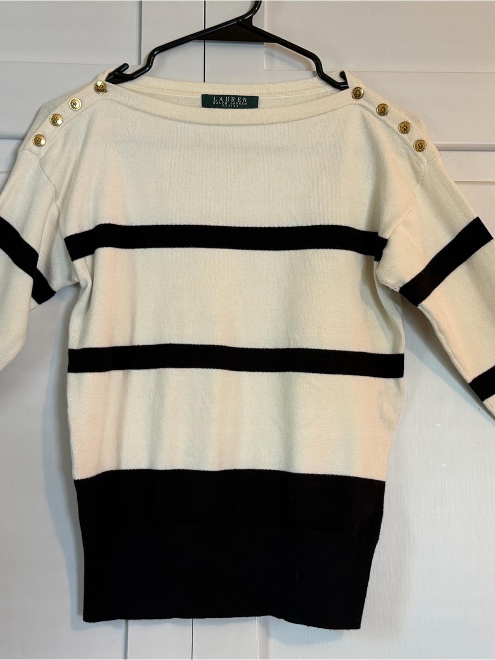 LAUREN Ralph Lauren Petite Cream & Black Striped Boatneck Sweater, Size XS